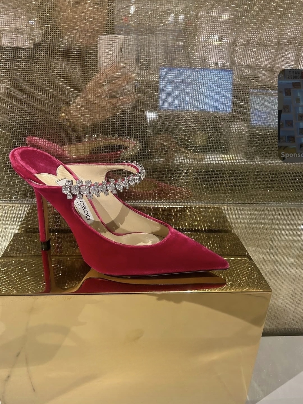 Jimmy Choo Bing 100m Hot Pink Velvet Crystal-Strap Stiletto Mule